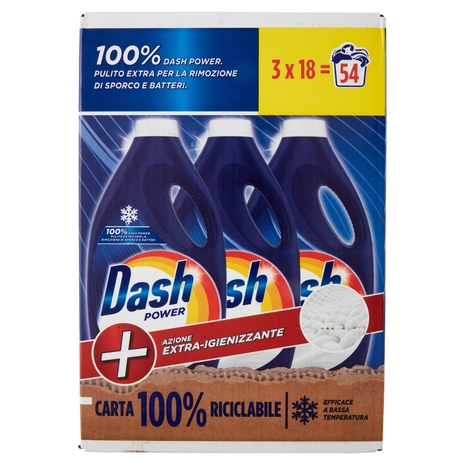 Dash Power Detersivo Lavatrice Liquido per Bucato +Azione Extra-Igienizzante 3x18=54 Lav. 3 x 990 ml